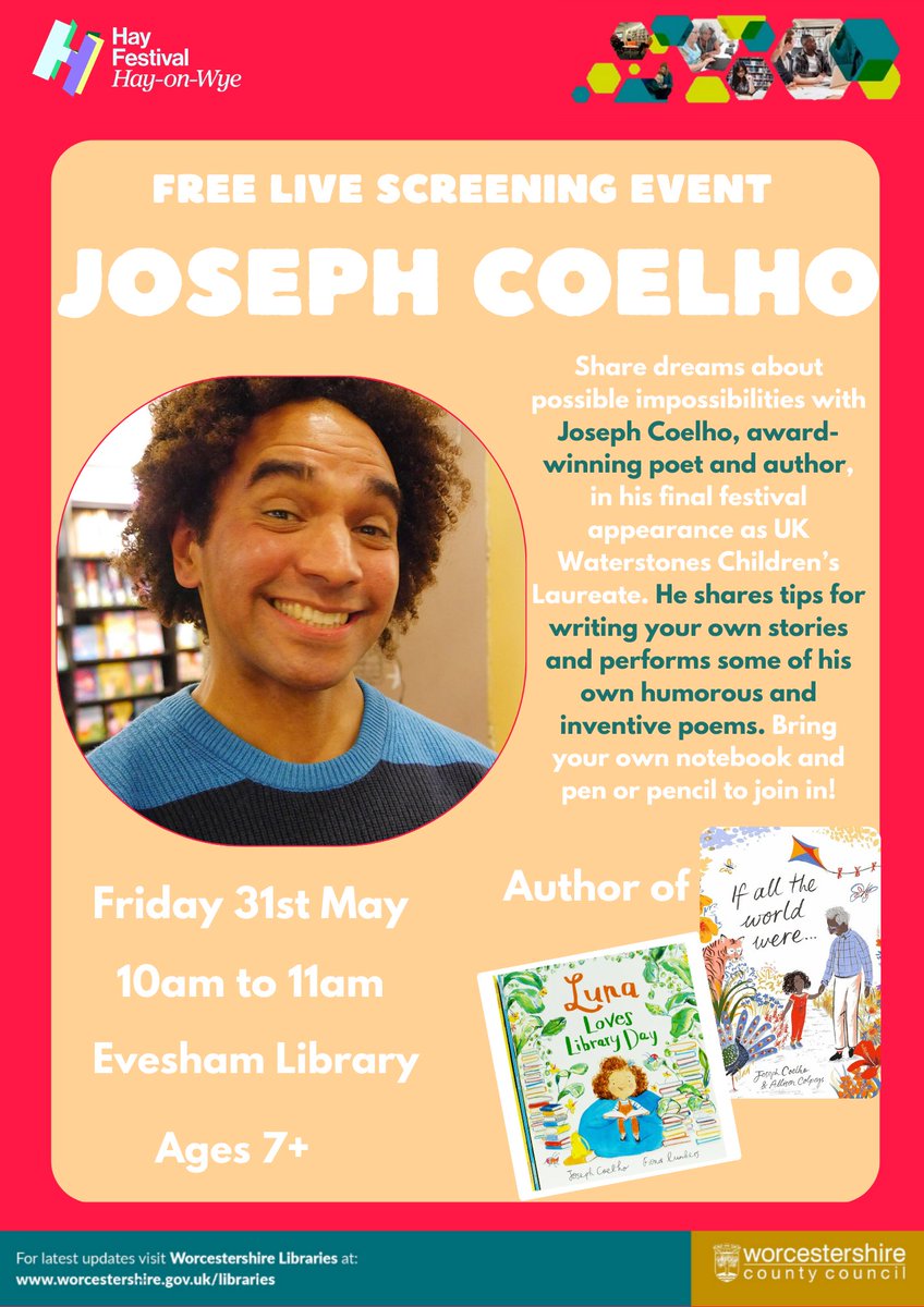 Join us for our next free live stream from the #HayFestival: Joseph Coelho ⏰ Friday 31st May, 10am Bring your own notebook and pen or pencil to join in! #EveshamLibrary #WorcestershireLibraries
