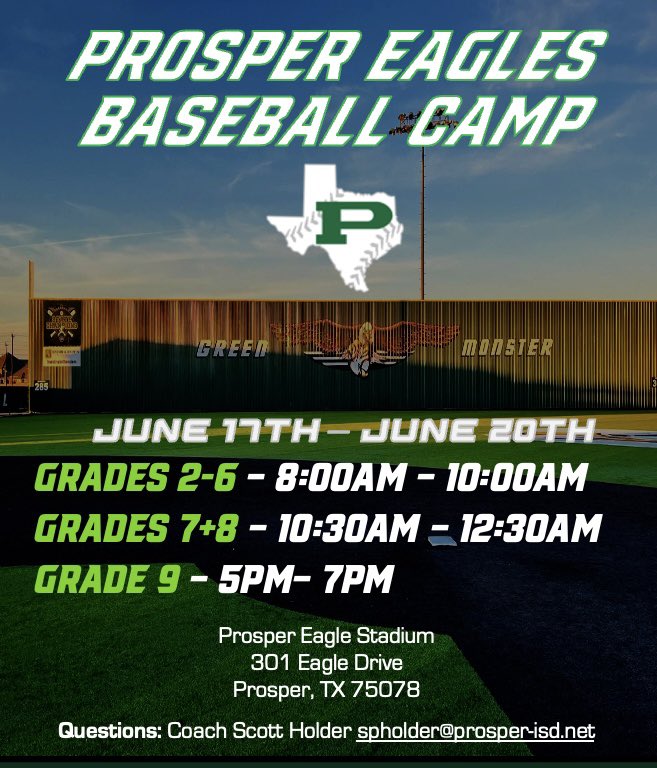 ThePHSBaseball's tweet image. Registration is now open for the Prosper Eagles Baseball Camp. The three-day camp is open to grades 2-9 and takes place from June 17th to June 20th. Visit the website below for more details and to register your player.
 
prosperisd.store.rankone.com/camp/list# 
 
#Details212
#UncommonMen