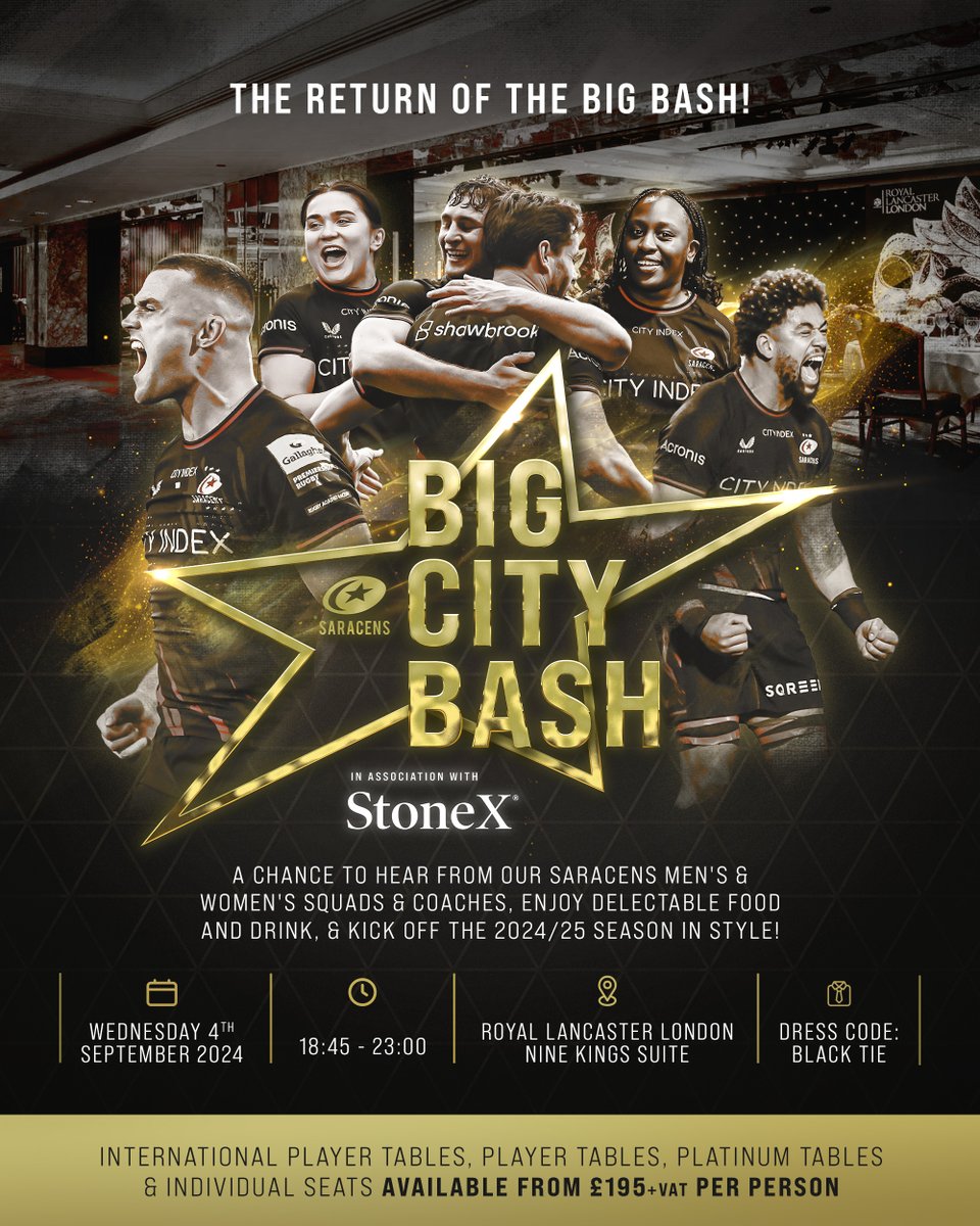 🥂 The Big Bash is back! We're delighted to partner with @StoneX_Official to bring back this huge event 🤝 📧 Contact hospitality@saracens.net to enquire! #YourSaracens💫 | @StoneX_Official