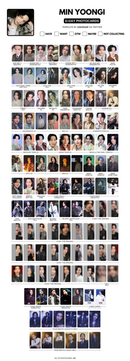 BTS SUGA AGUST D D-DAY PC PHOTOCARD WISHLIST TEMPLATES✨

⭐️ ULTIMATE D-DAY TEMPLATE (PCs Only)

[UPDATED as of 20 May 2024]
+ D-DAY THE ORIGINAL PCs
+ Tour Mini PCs

Current count: 118 photocards (excluding rare ones) 

🤍 방탄 포카 모음집 드볼표 윤기 슈가 디데이
🤍 闵玧其 小卡