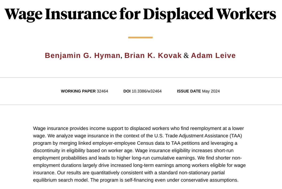 Very excited to finally share our draft “Wage Insurance for Displaced Workers” w/ Brian Kovak & Adam Leive, on the effects of a novel US social insurance program targeting workers displaced by structural economic shocks---wage insurance (WI). Link: nber.org/papers/w32464 /1