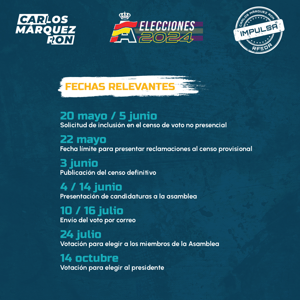 En #ImpulsaRFEDA no queremos que ningún club, deportista, oficial o marca con derecho a voto quede sin votar por falta de información o desconocimiento. Aquí os dejamos las fechas más relevantes de todo el proceso electoral.
