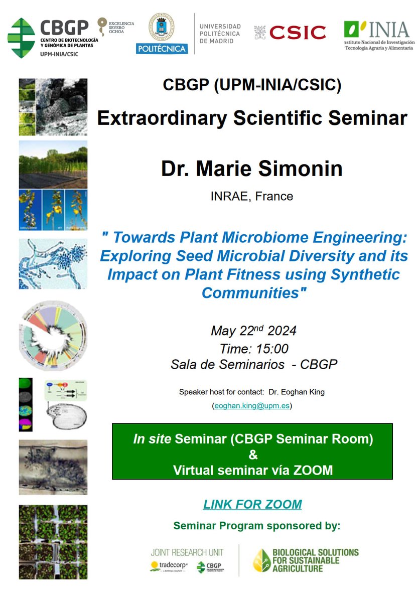 #SeminarCBGP | 22/05/24 - 15:00h 👩🏽‍🔬 @MicrobialMarie 🌍 @INRAE_France, France 📝 Towards Plant Microbiome Engineering: Exploring Seed Microbial Diversity and its Impact on Plant Fitness using Synthetic Communities 💻 Zoom ID: 896 2927 3614 | Código de acceso: 837271 #somosUPM