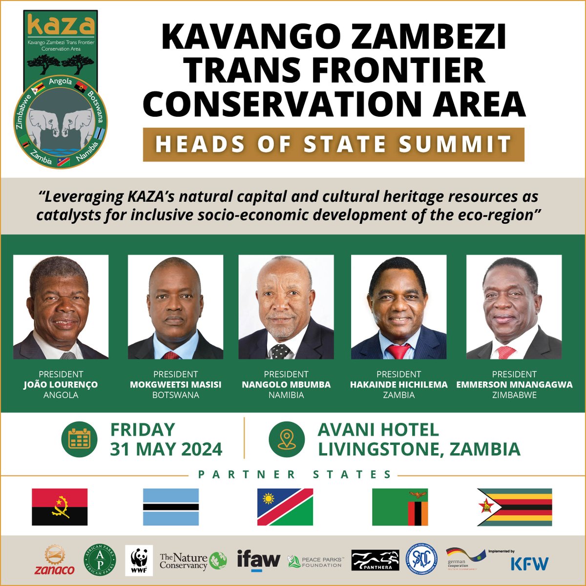 Zambia is set to host the Kavango Zambezi (KAZA) Transfrontier Conservation Area (TFCA) Heads of State Summit on 31st May, 2024 at Avani Hotel in Livingstone.