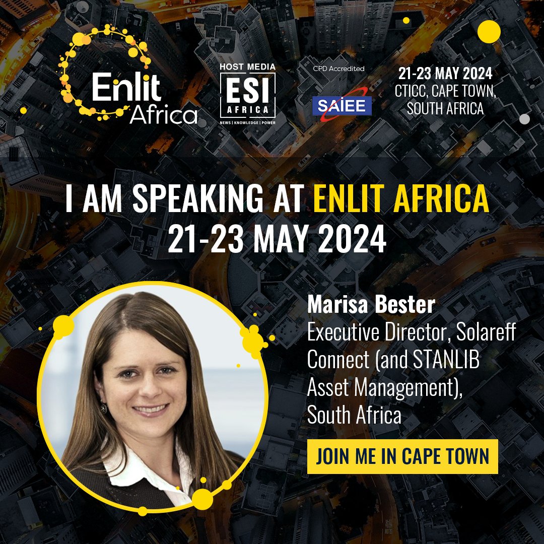 📣 𝗦𝗣𝗘𝗔𝗞𝗘𝗥 𝗔𝗡𝗡𝗢𝗨𝗡𝗖𝗘𝗠𝗘𝗡𝗧 📣 
 
Enlit Africa is proud to present Marisa Bester as a speaker at Enlit Africa 2024!

⚡Unlock your experience with your FREE Visitor Pass to Enlit Africa 2024: eu1.hubs.ly/H099jPL0