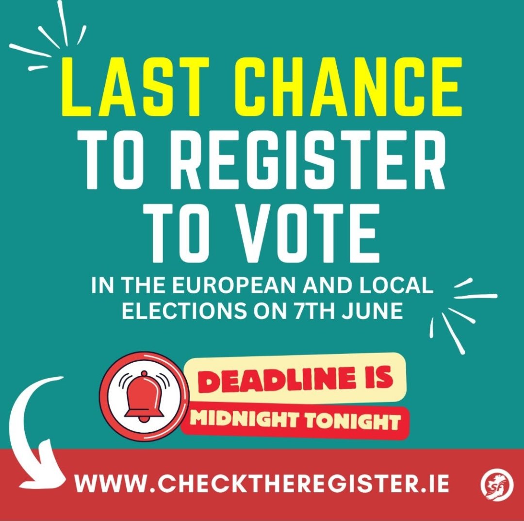 Today is the last day to register to vote for the Local and European Elections
It takes less than 3 minutes to register to vote online
Go to checktheregister.ie to make sure you're registered

#ChangeStartsHere