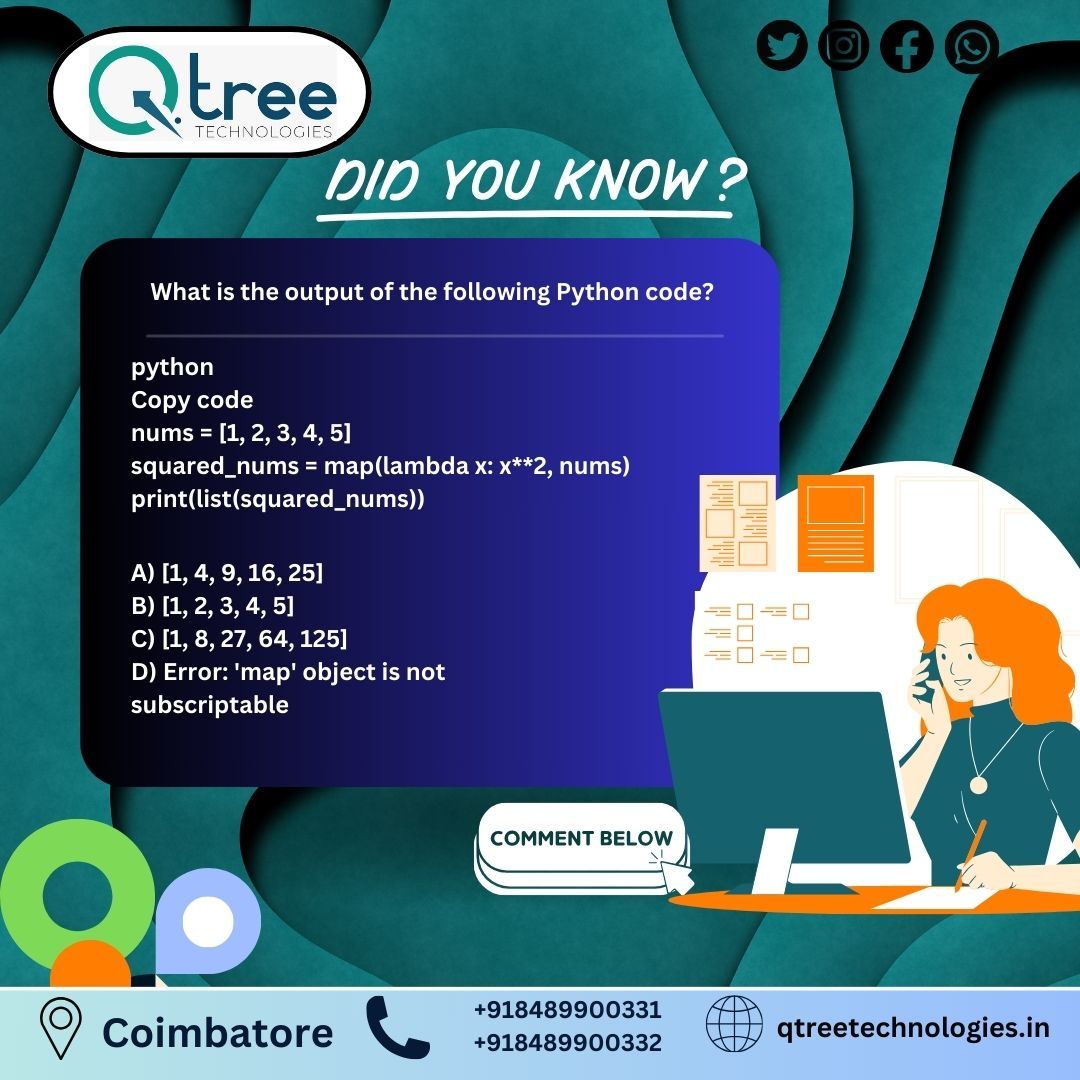 Qtreetech's tweet image. Python is often used as a support language for software developers, for build control and management, testing.
Call us 8489900331 or mail to info@qtreetechnologies.com
Visit For more details…buff.ly/3CioFYS
#pythoncoursefee #pythoncoursetrainingincoimbatore