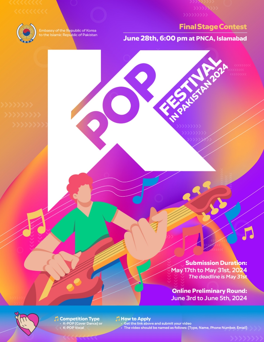 The Embassy of the Republic of Korea in Islamabad will host the 2024 K-POP Festival on the 28th of June.

Applicants who are interested in this contest can apply for the competition by uploading a video file  link mentioned down below.

docs.google.com/.../1FAIpQLSdG…