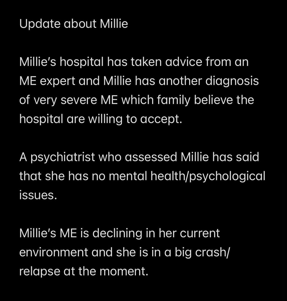 Update about Millie - 20.05.24

Millie has a second official ME diagnosis! 

Petition 
change.org/p/save-millie-…

#MillieSevereME #SevereME #pwME #saveMillie #BringMillieHome #DontLetMEDie #ExposeMENow