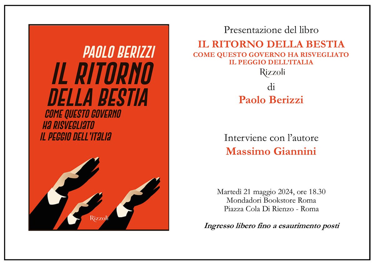 Domani alle 18.30 a Roma insieme a @MassimGiannini Mondadori Bookstore in piazza Cola Di Rienzo Ci vediamo lì 📌 👇 #ilritornodellabestia