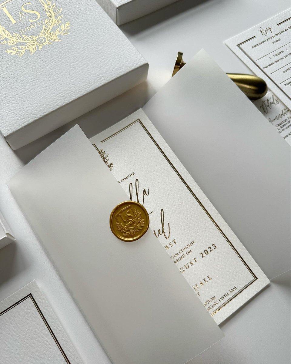 byinvitationly's tweet photo. Gold Luxe // Luxury wedding invitations for a wedding at Grantley Hall. This collection is glistening with Bridgerton vibes. From golden hot foil, textured card, translucent vellum, bespoke monogram with wax seal. What’s not to love? / https://t.co/iuyxcpXy2p #grantleyhall #luxe https://t.co/C0aNIa9Fqu