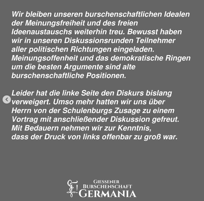 Die #Burschenschaft Germania in #Gießen (#ADB) sieht sich selbst nach der Absage des Auftritts von Michael von der Schulenburg, EU-Parlaments-Kandidat des „Bündnis Sahra Wagenknecht“, als Opfer der Cancelculture.
