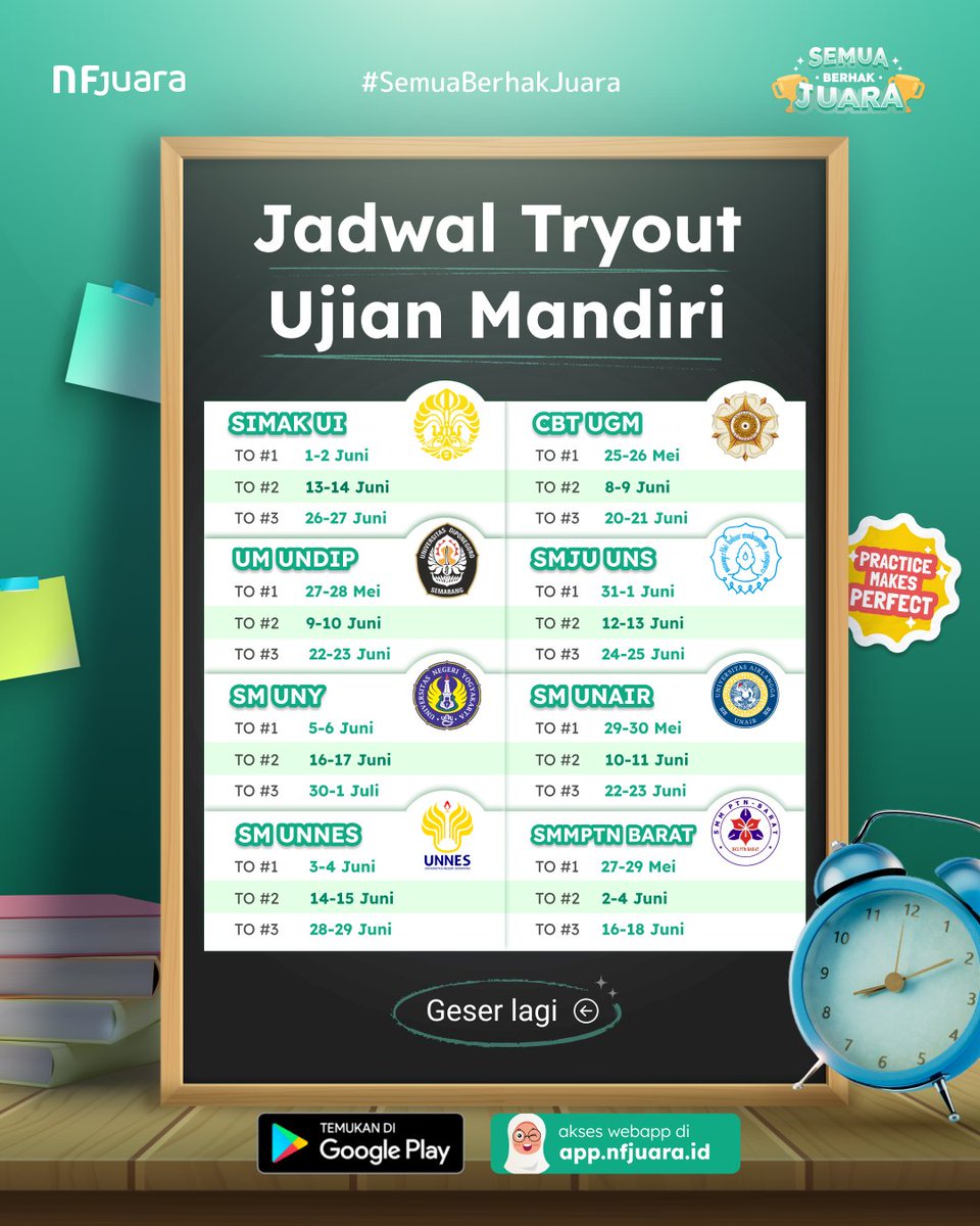 nfjuara's tweet image. WAJIB DISAVE! Jadwal TO Persiapan Ujian Mandiri PTN di NF Juara 2024 🔥

#simakui #cbtugm #umundip