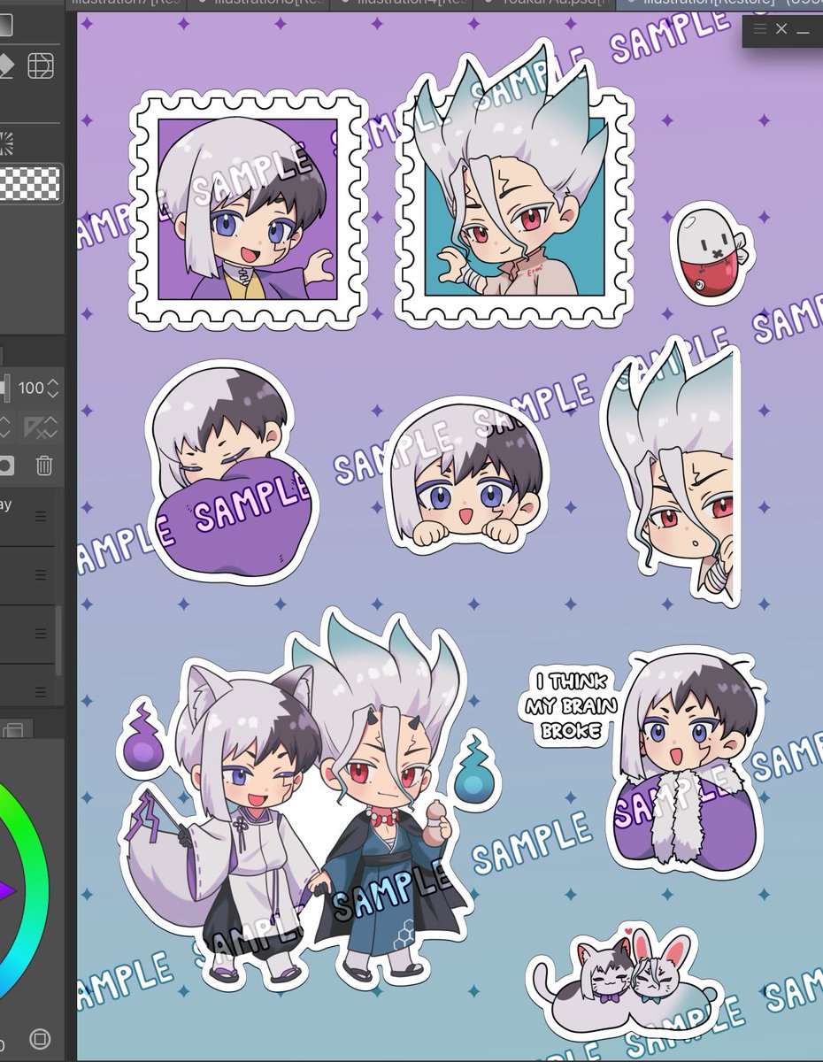 stickers samples hehe yes i recycled the kitsune gen and oni senku design because i like it a lot