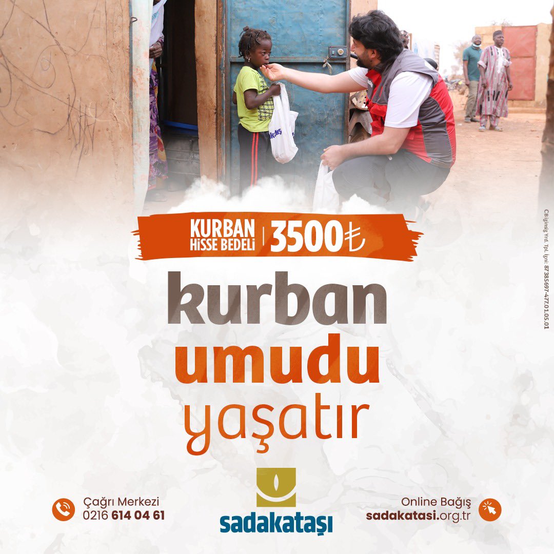 Kurban, umudu yaşatır.

14 yıldır olduğu gibi bu #Kurban’da da kurban hisseleriniz iyiliğe vesile oluyor. Siz de kurban bağışında bulunarak bayram sevincini yurt içindeki ve yurt dışındaki on binlerce kardeşinizle paylaşabilirsiniz.

Kurban Hisse Bedeli ➡️ 3500 TL
🌐