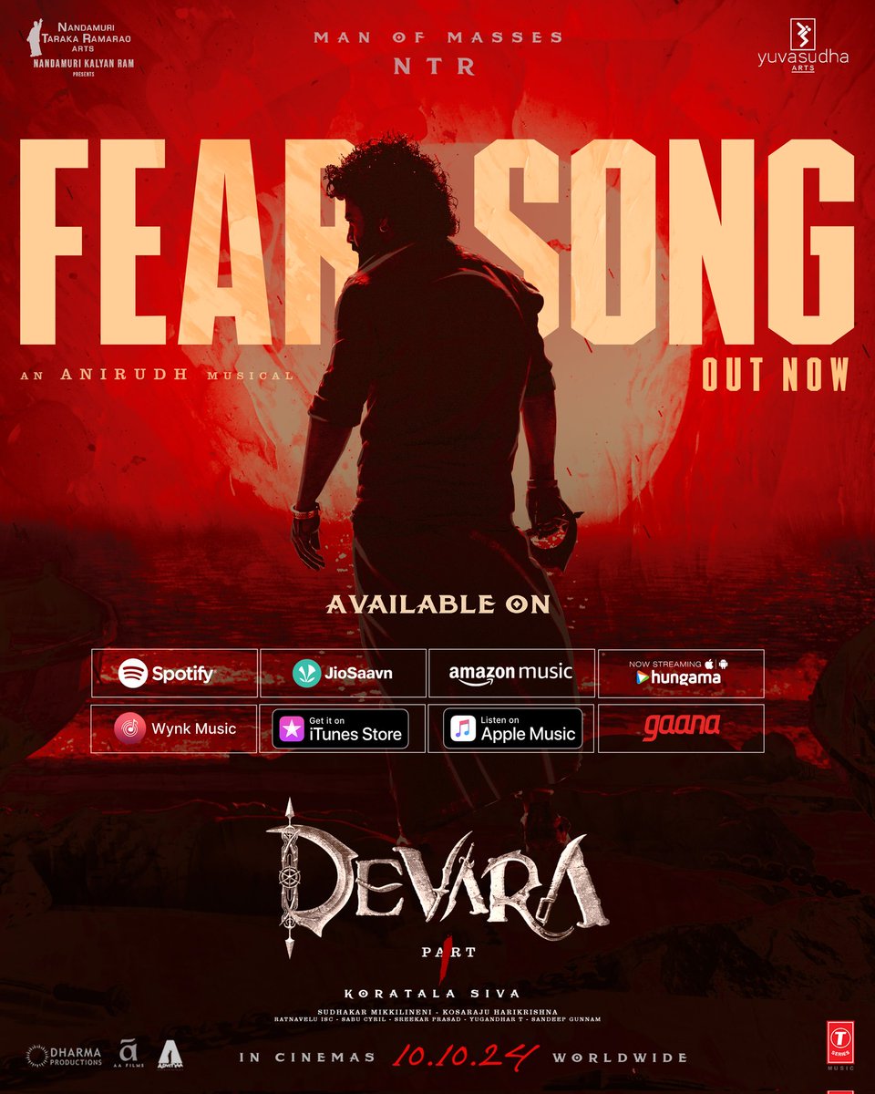 FEAR has made its way to every corner ❤️‍🔥 #FearSong is now streaming on all music platforms 💥 - tseries.fym.fm/Devarafearsong Blast the speakers at full volume and celebrate the man who’s swooning us all 🥁 An @anirudhofficial Musical 🎶 #Devara Man of Masses @tarak9999