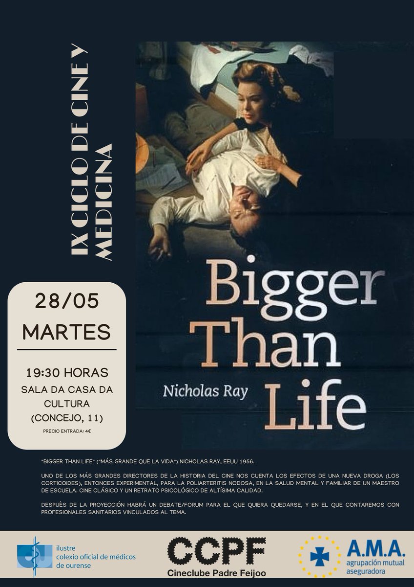 🗓️ Martes, 28 de mayo de 2024 🕢 19:30 h. 📍 Casa de Cultura de Ourense (Rúa Concello núm. 11) 🎬 Adicción a medicamentos 🎬 🎞️ Bigger Than Life 🎞️ 🎟️ ¡Ven a disfrutar de este clásico del cine! 🎟️