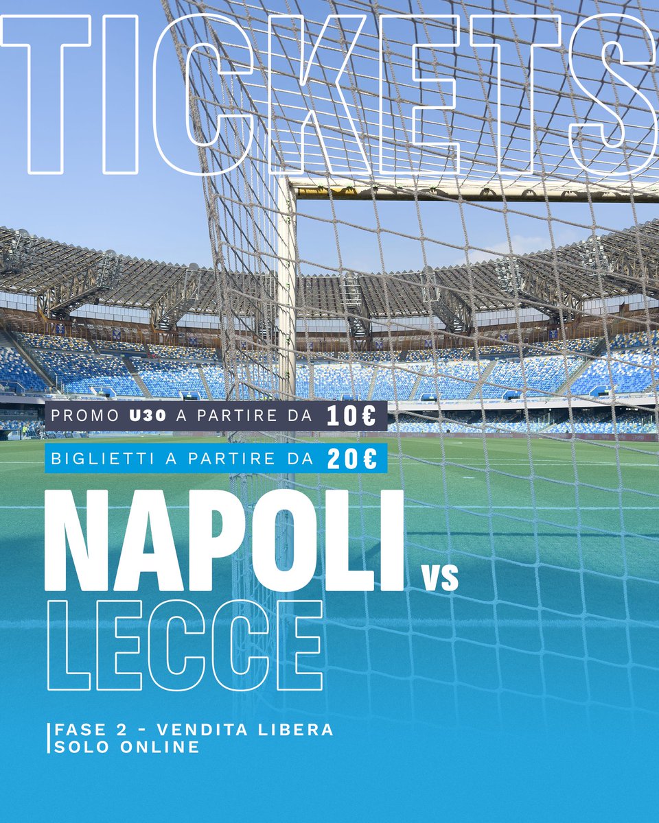 🎟 Napoli vs Lecce 🏟 Ultima giornata di Serie A ➡ Al via la Vendita Libera ⚽ Promo U30 disponibile 👉 Qui i biglietti: sscnapoli.ticketone.it/catalog