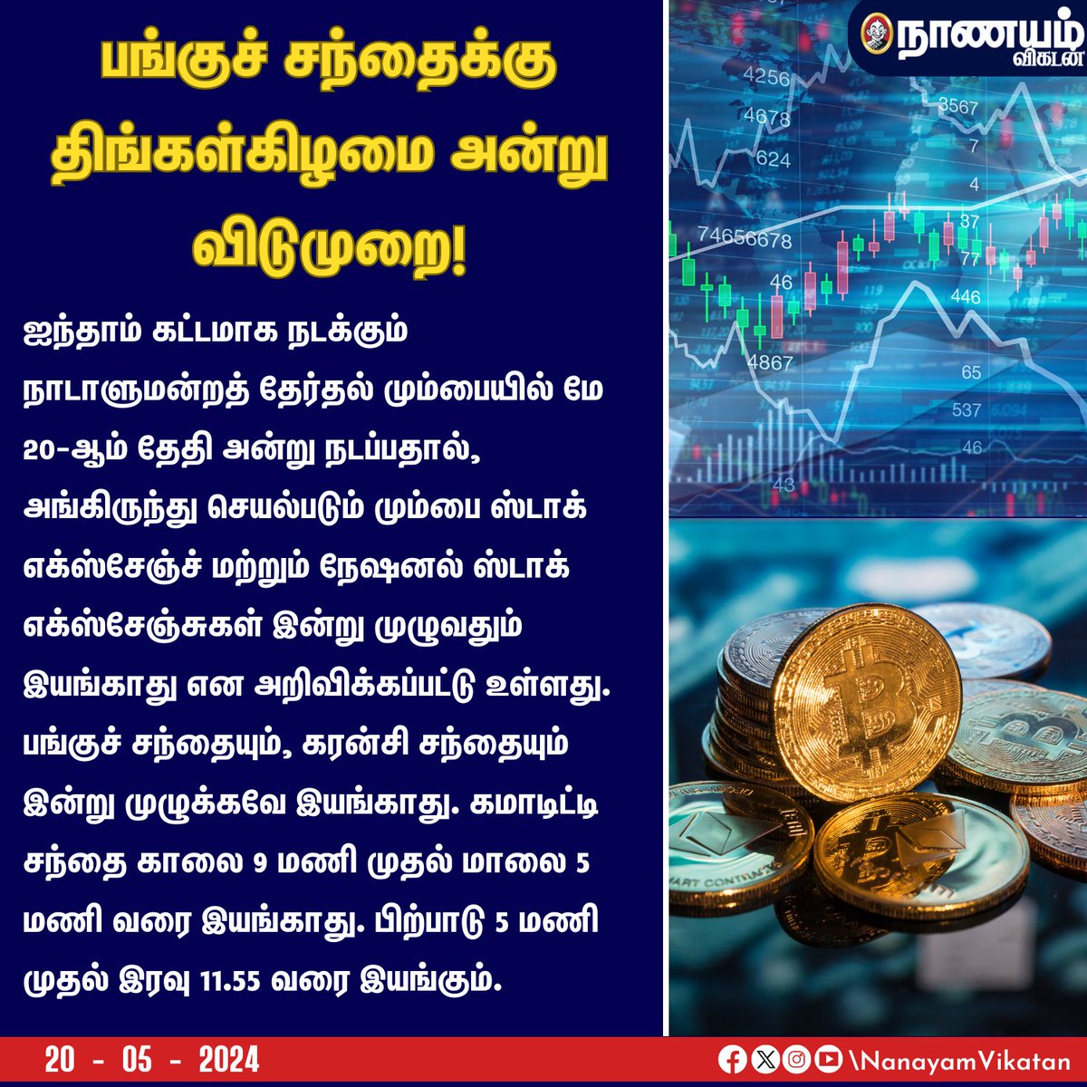 பங்குச் சந்தைக்கு திங்கள்கிழமை அன்று விடுமுறை!

#Nanayamvikatan #Sharemarket #CurrencyMarket