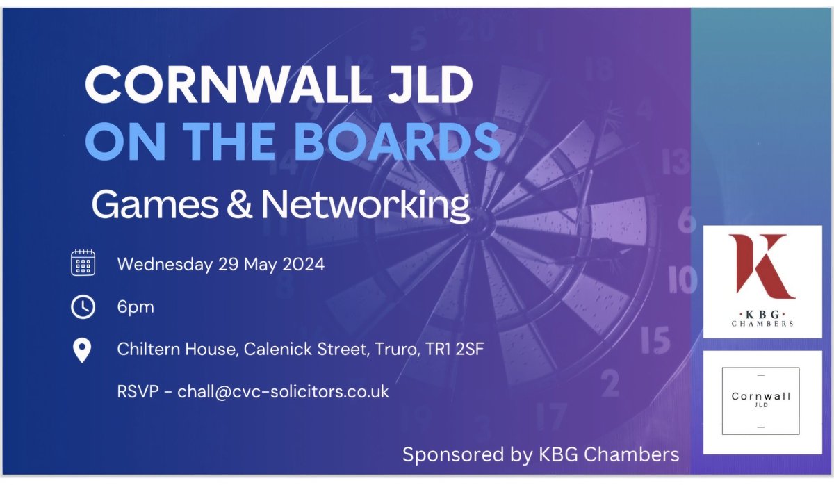 We are looking forward to our next social event at On The Boards in Truro, kindly sponsored by <a href="/KBGChambers/">.</a>, and would love for you to join us. Please contact ch@cvc-solicitors.co.uk for more information 😊