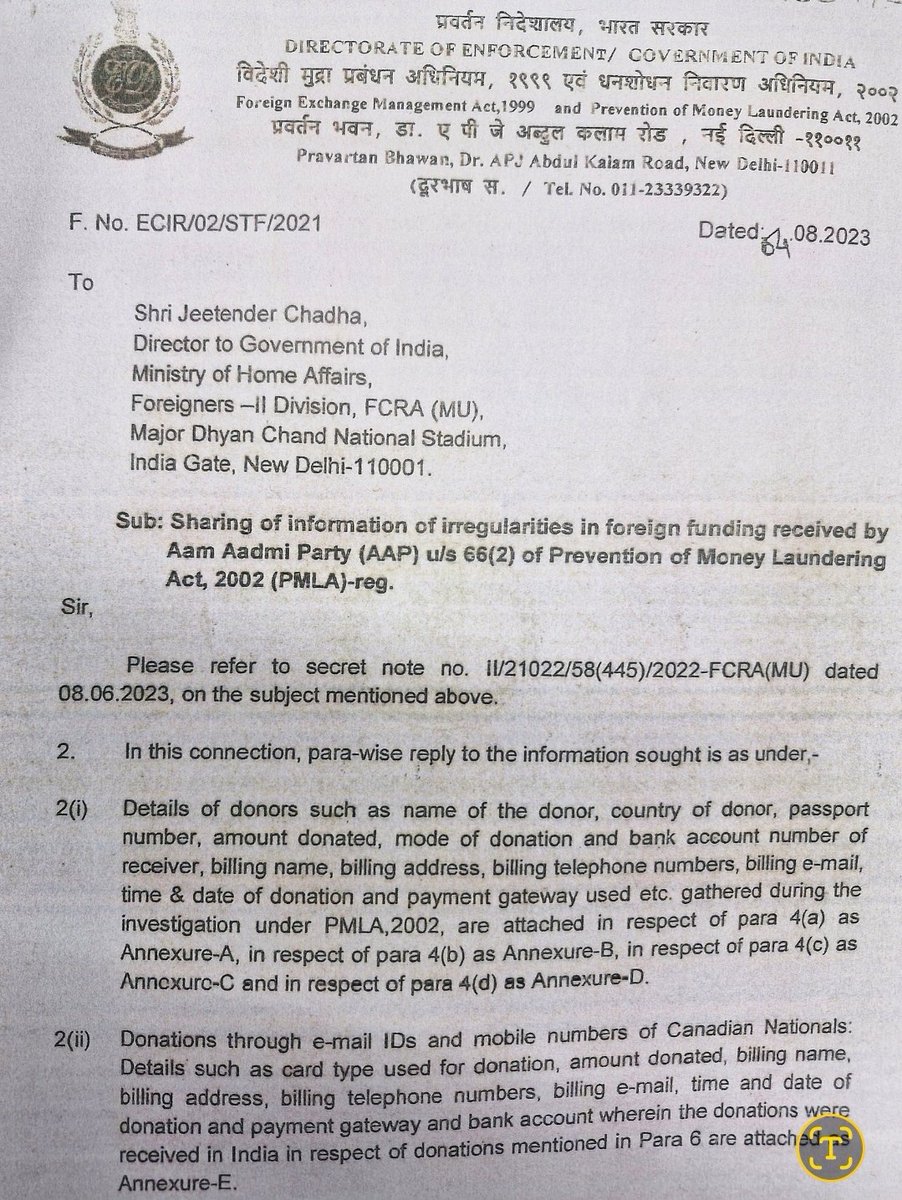 Shocking Revelation in ED's SECRET report marked to MHA🤯

- Aam Aadmi Party hid the identity of the source of Rs 7 crore funds received from FOREIGN DONORS😳
- Donors located in Canada, USA, Middle East, NZ, and Aus between 2014 and 2022

📄 Multiple donors used the same