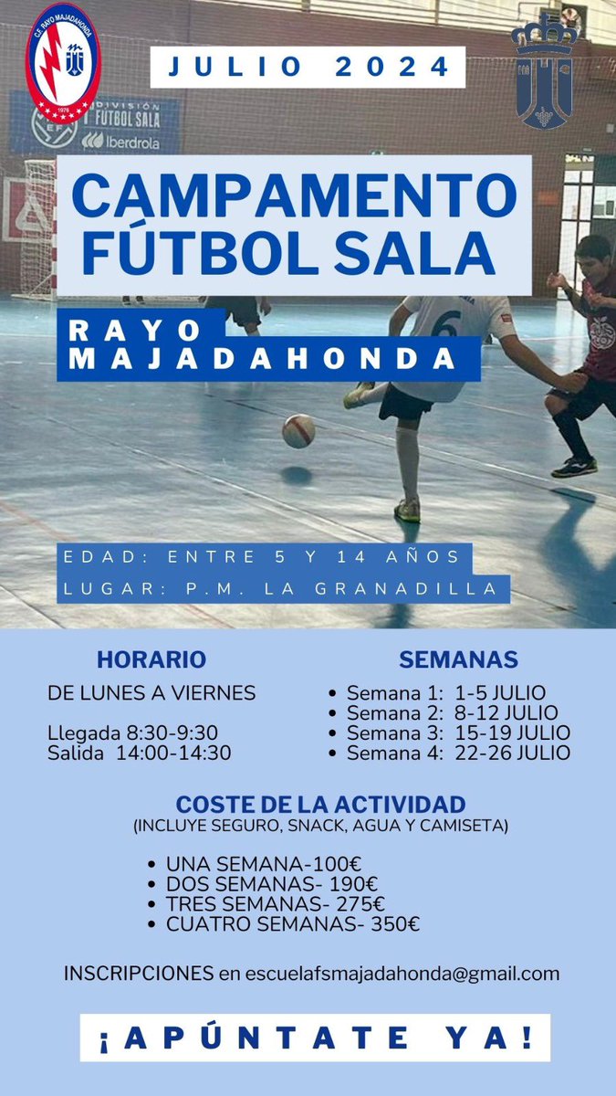 ¡Este verano, la diversión está asegurada en nuestro campamento de fútbol sala! 🎉⚽ Ven a disfrutar, aprender y hacer nuevos amigos en un ambiente lleno de juegos y risas 👏 Os dejamos el cartel con toda la información, si tienes cualquier duda puedes contactarnos 🔝