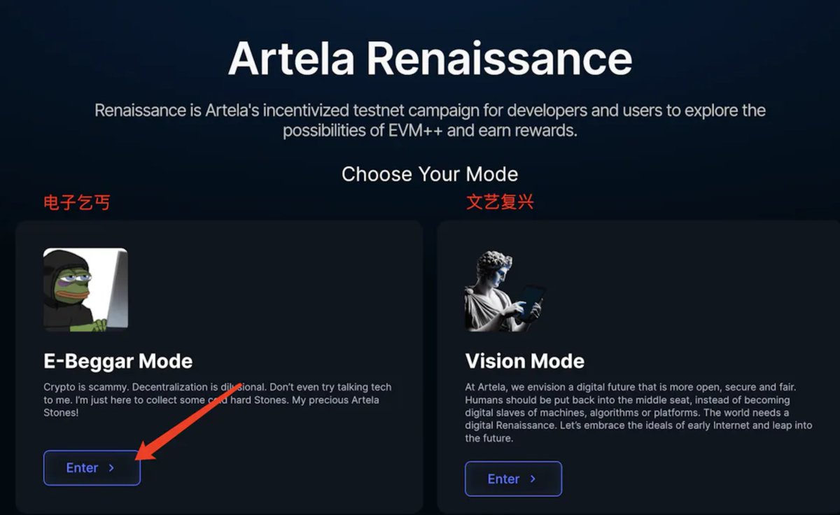 Crypto_He's tweet photo. 埋伏L1赛道空投：Artela Network「文艺复兴」测试网活动，0成本交互教程教你拿满390分

活动链接：https://t.co/fQcJBz9FGg

@Artela_Network 是主打可扩展性的L1区块链，其生态项目代表是Binance投资的全链游戏Cellula，L1生态下SUI发了大毛，本次Renaissance是Artela生态获得空投的重要活动，不要错过，活动准备社交媒体三套，0成本，以下是任务指引↘️

活动链接：https://t.co/fQcJBz9FGg

一. 完成【Artela Renaissance电子乞丐模式】的测试任务，获得任务分：

首先引入眼帘的是两个模块，电子乞丐模块可以完成你的任务分，文艺复兴模块可以完成你的社交分，首先，让我们点击【Artela Renaissance电子乞丐模式】，开启了下面的任务↘️

二. 进入任务面板，完成任务，获得石头，总计390分，拿满

以下的任务里面有很多是关注转发推特或者进社区的，在攻略里不进行细表，先知在这里只做关键步骤指引，以下手把手教你拿满390分↘️

任务1 ：Meet Artela Tesenet ：奖励90石头

这里直接链接钱包，领取2个【ART】代币，完成任务，获得30石头

关注推特，获得30石头，进入Discord，获得30石头

任务2 ：体验AretxSwap：奖励90石头

进入网址：https://t.co/eEVke0yaWm

-swap任意金额，swap的时候选择【ART-USDT币对】方便添加流动性，完成任务

注意：这里的【ART】测试币会贯穿你后面的测试环节，在交互的时候不要一次性用完，用1或者0.1就可以了

任务3: 尝试购买并上架Co-NFT：奖励80石头

进入链接钱包后问你要不要进TG，选择否

mint和list都只需要消耗很少的【ART】测试币

任务4：体验Symmetric的swap和添加流动性，奖励80石头

进入：https://t.co/UD2QEkROuX

完成swap，完成流动性添加，交互的时候先选择【ART-WART】交易对，然后在用【WART-USDC】，后面加加池子的时候直接加USDC就完成了

任务5：铸造Art404，奖励80石头

进入：https://t.co/sqQlBJ4kJw 并mint

以上就完成了所有的石头分，那么测试网的任务就算完成一个阶段了，如果还有更多想增加项目权重，可以增加你的社交分-Crystal

三. 完成【Vision文艺复兴AI对话】，获得社交分

活动链接：https://t.co/fQcJBz9FGg

进行AI对话并分享，获得20个社交分，邀请好友获得更多

#并行EVM
