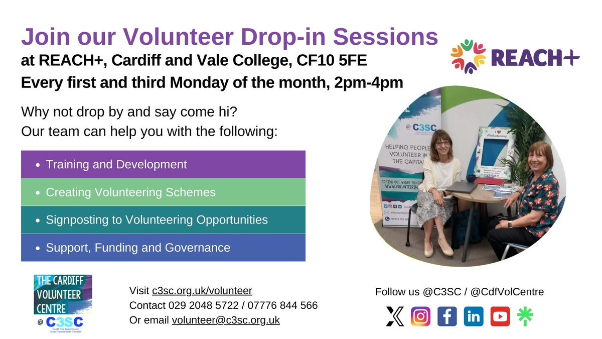 Come to see us today at the REACH+ office on the ground floor of @CAVC for our regular drop-in session. We are there every first and third Monday of the month 2pm-4pm sharing options on how to get involved in #volunteering around #Cardiff!