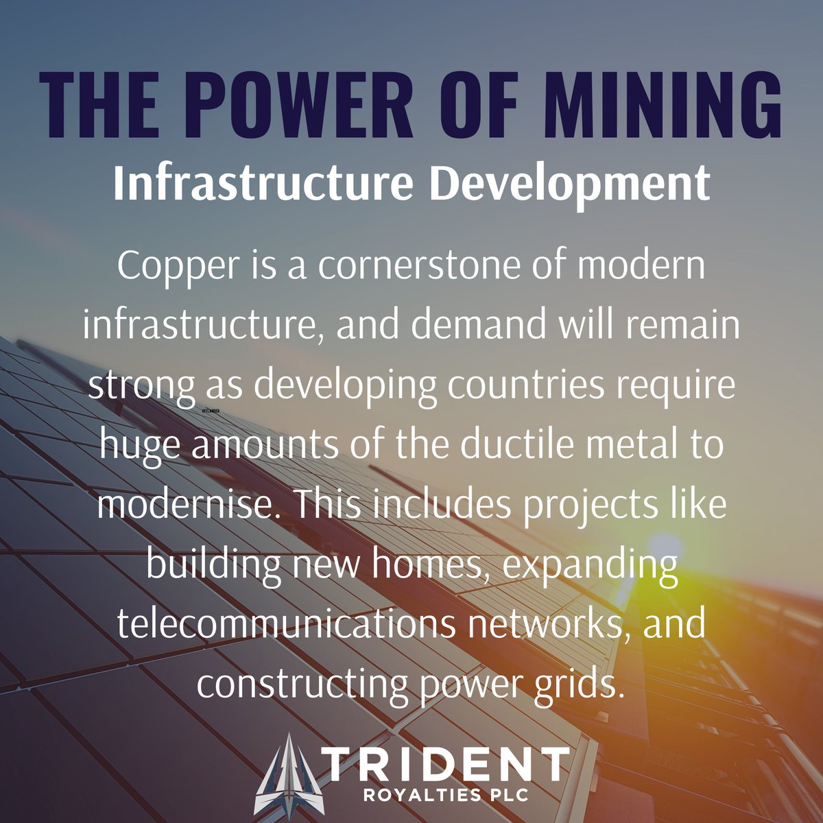 TridentPlc's tweet image. For developing countries, copper is more than a metal - it is a necessity for modernisation. The global demand for #copper provides Trident with a stable source of revenue by investing in this vital component of industry.🌐

#TridentRoyalties #TRR #Mining #Investment
