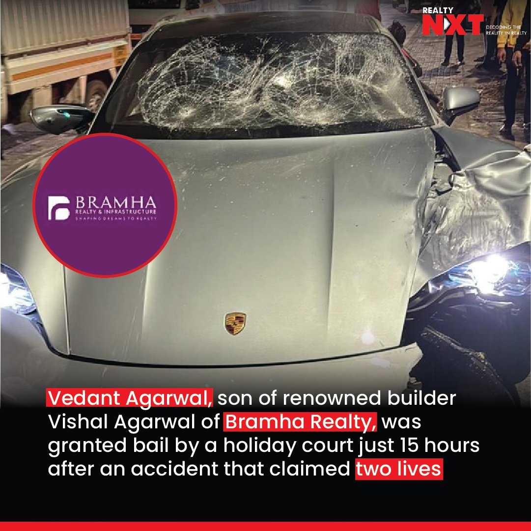 #News | #VedantAgarwal, son of prominent builder #VishalAgarwal from #BramhaRealty, was granted bail just 15 hours after fatal accident that claimed 2 lives in #Pune. The accident occurred around 2:30AM in Kalyaninagar. #RealtyNXT #Yerawada #Porsche #FatalAccident #PoliceStation