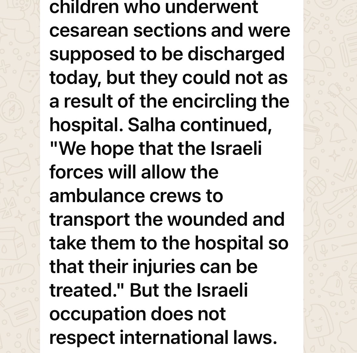 I dag fik jeg denne besked fra Al Awda hospitalet, et af de sidste fungerende hospitaler i det nordlige Gaza. De er løbet tør for drikkevand og omringet af israelske tanks der forhindrer sårede i at få behandling.

Gaza er en gravplads - også for den humanitære folkeret. 
#dkpol