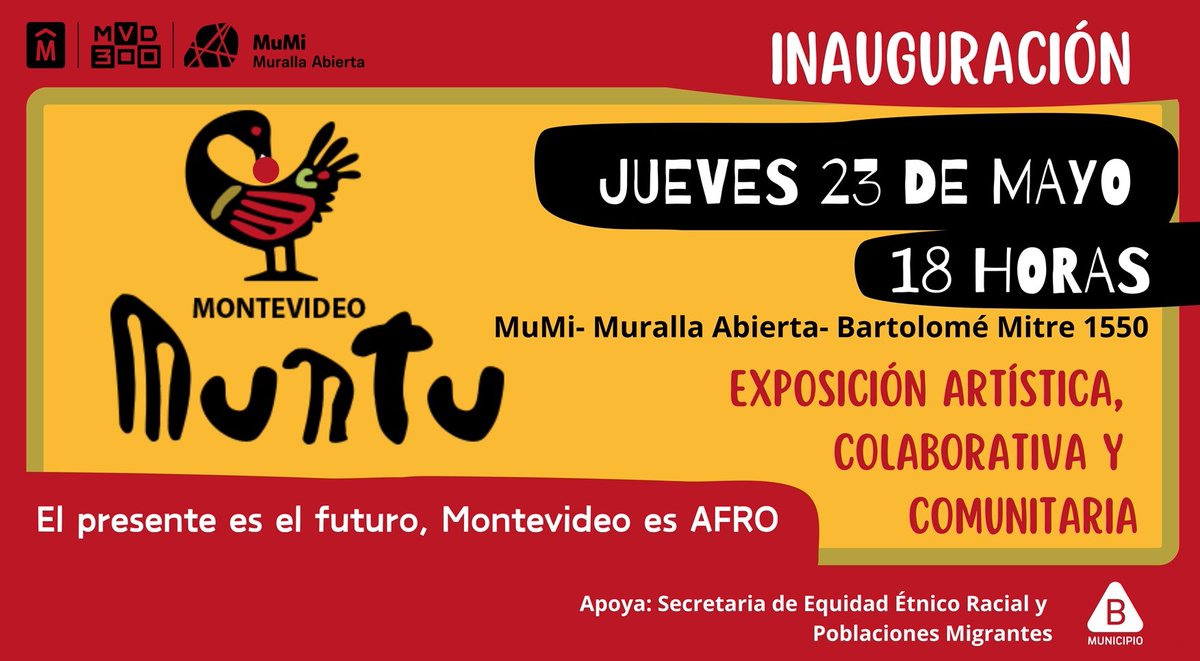 cartaesp_online's tweet photo. 🇺🇾Si resides en Montevideo o estás de visita, puedes visitar la inauguración de la exposición Montevideo Muntu

➡️Busca hacer visible el carácter afro de una ciudad por definición “afroamerindia”

🗓️23 de mayo. 18:00 (hora local)
📍MuMi- Muralla Abierta. Bartolomé Mitre 1550 https://t.co/xiXahurA8s
