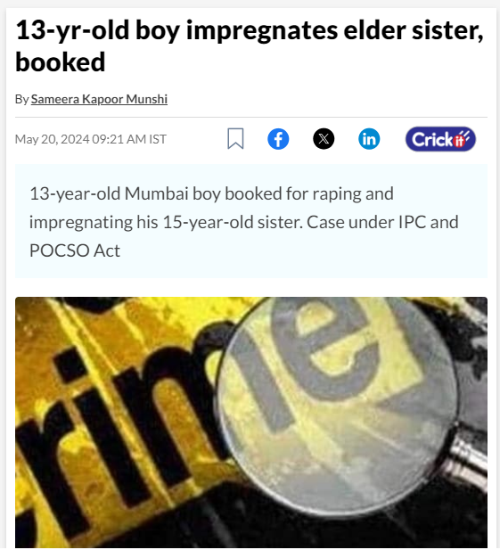 Breaking!!! Brother (13 years) and sister(15 years) watched porn together, had sex later. They had sex later again, but they are claiming that he rapped her. Sister got pregnant. Now, the boy was booked under sections 376 (rape) and 376(2) (repeatedly raping the same woman)