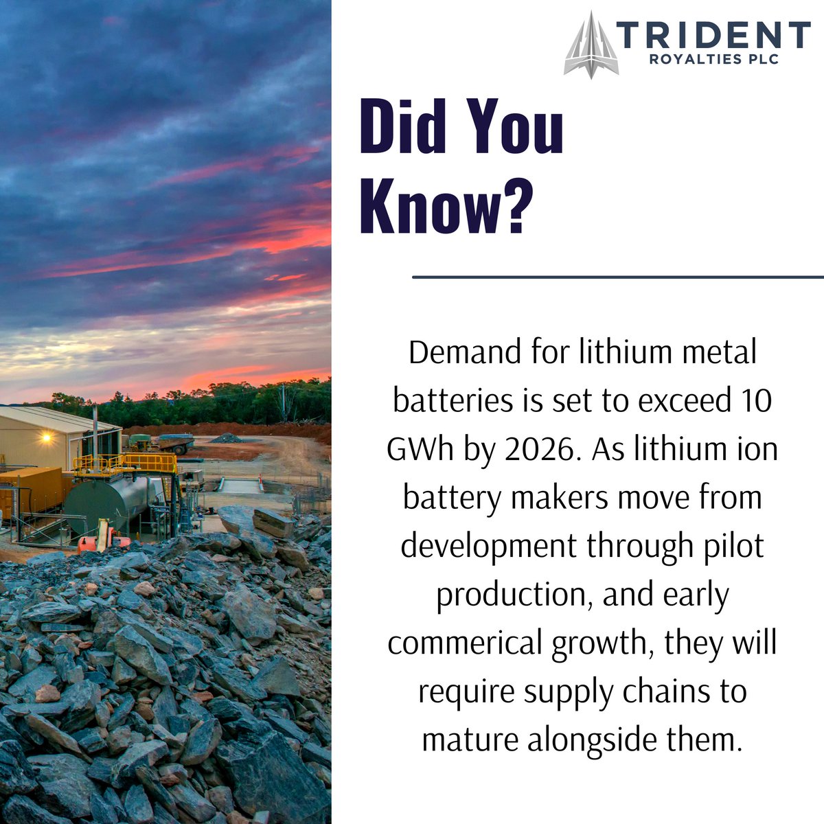 TridentPlc's tweet image. The electric vehicle evolution is fueling an unprecedented demand for lithium-ion batteries. ⚡️🔋

#TridentRoyalties #TRR #Mining #Investment #Lithium