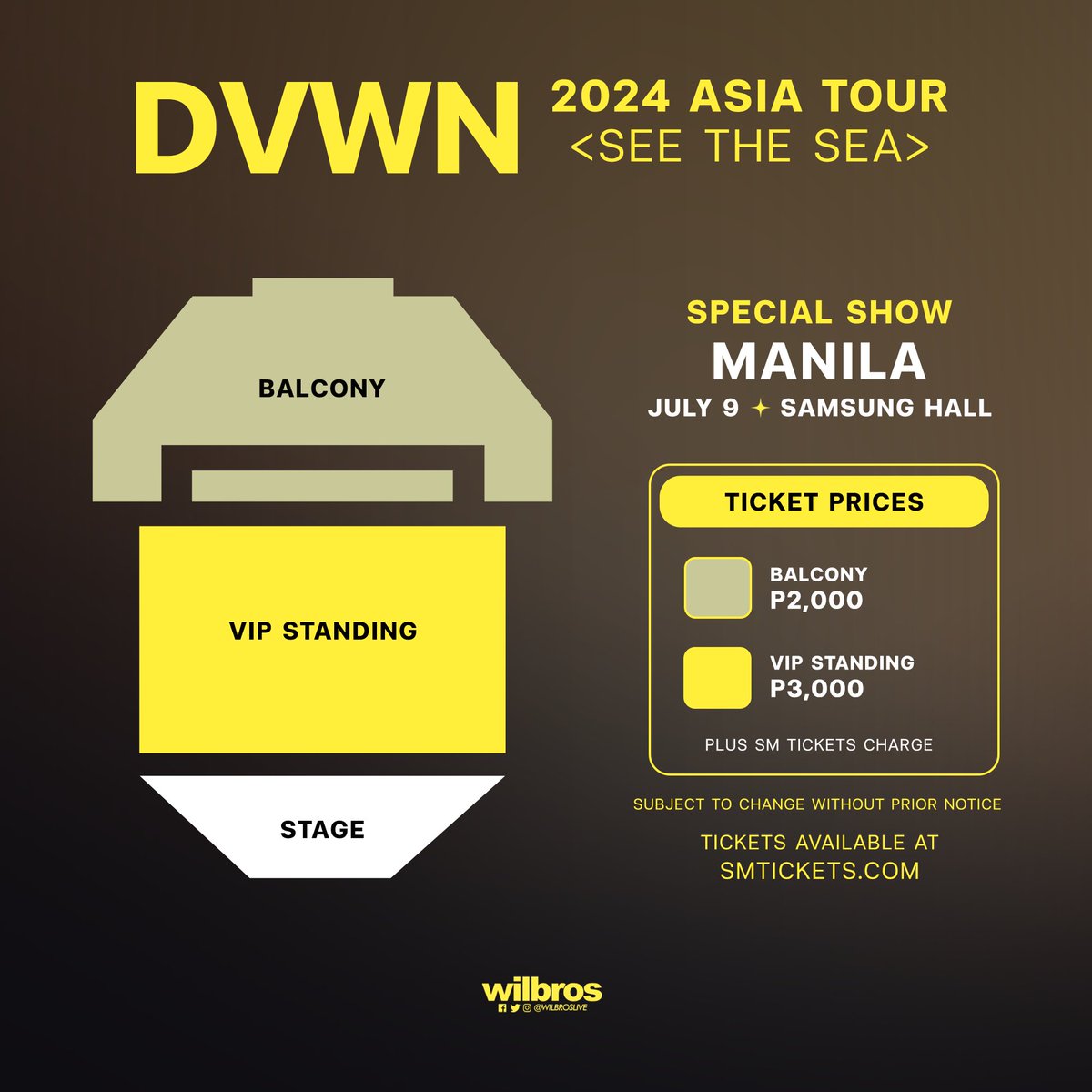 WilbrosLive's tweet photo. DVWN
2024 ASIA TOUR <SEE THE SEA>
SPECIAL SHOW ~ MANILA
July 9 • Samsung Hall (SM Aura)

Tickets at Affordable Prices!
VIP Standing P3,000 • Balcony P2,000
VIP Upgrade (Limited Only) P4,000
(𝘗𝘭𝘶𝘴 𝘚𝘔 𝘛𝘪𝘤𝘬𝘦𝘵𝘴 𝘊𝘩𝘢𝘳𝘨𝘦)
Tickets On-Sale: May 26 SUN 12PM
https://t.co/YYUWlPa5kD and SM Tickets outlets

Presented by Wilbros Live
#DVWN #MANILA #WilbrosLive