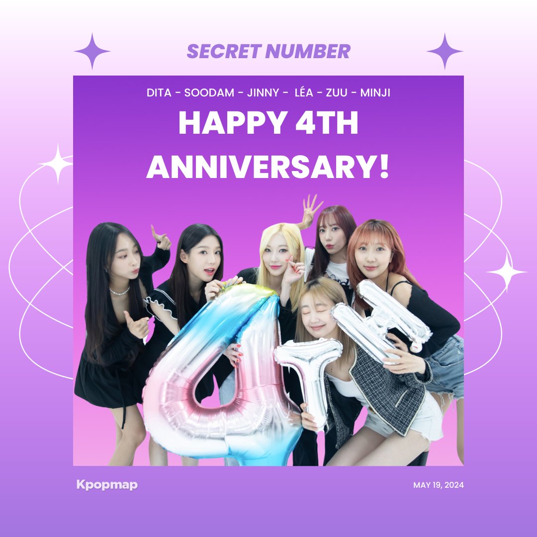 Kpopmap's tweet photo. Happy 4th Debut Anniversary To SECRET NUMBER 🎉 (yes, we know we're a day late, sorry LOCKEY🥲)

#LOCKEY, what was your favorite moment as a fan of SECRET NUMBER in these 4 years? 

Tell us in the comments down below & we'll read some of your messages for SECRET NUMBER in this week's #WeeklyIzlandNews on ifland! 😍

#SECRET_NUMBER #시크릿넘버 #LÉA #레아 #DITA #디타 #JINNY #진희 #MINJI #민지 #SOODAM #수담 #ZUU #주