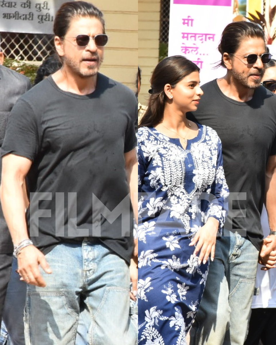 #ShahRukhKhan and #SuhanaKhan clicked arriving to cast their votes in the city today.