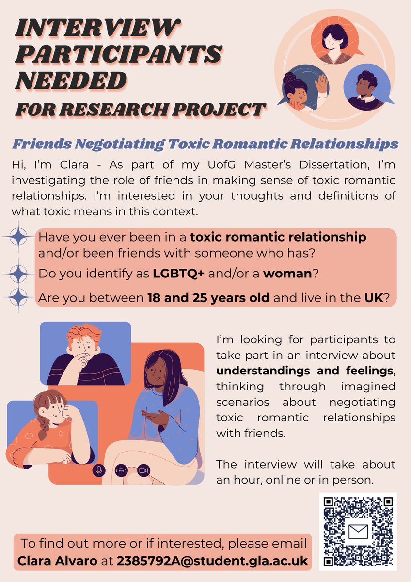 NegotiateToxic's tweet photo. ✨CALL FOR PARTICIPANTS✨

Hello, I'm looking for interview participants to investigate the role of friends in negotiating toxic romantic relationships.

If interested, please contact me at 2385792A@student.gla.ac.uk

[ Every RT and participation is greatly appreciated:) ] https://t.co/7sH8Zx0qUA