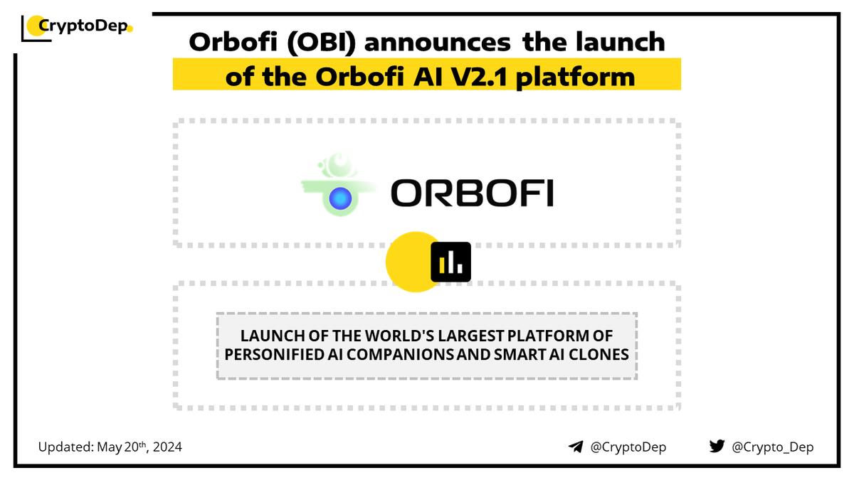 ⚡️ @Orbofi $OBI announces the launch of the Orbofi AI V2.1 platform Orbofi rolls out Orbofi #AI V2.1, a platform of personified AI companions and smart AI clones. Users will be able to utilize a personified smart companion to search for anything, ask questions, generate images,
