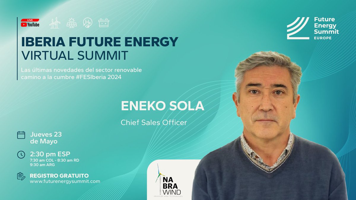 Next Thursday, May 23, Eneko Sola García, Chief Sales Officer of Nabrawind, will participate in the Iberia <a href="/FEnergySummit/">Future Energy Summit</a>  👉 Register to access the event at: inscribirme.com/iberia-future-…
✔️Thursday, May 23
✔️From 2:30 PM to 4:00 PM (CET)
✔️Online mode

#RenewableEnergy