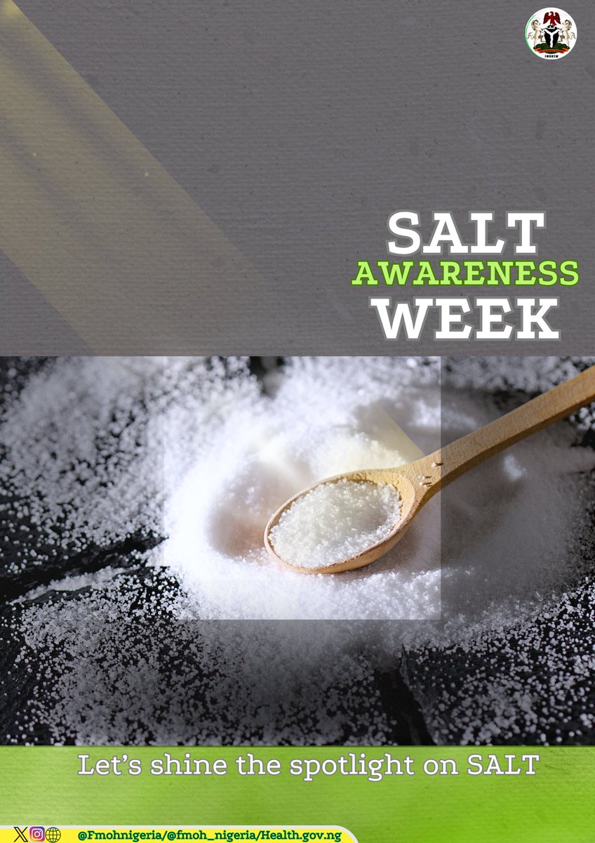 Fmohnigeria's tweet image. #SaltAwarenessWeek

Completely eliminating salt from already prepared food is next to impossible . However, we can ensure less is used during the making process.

@Fmohnigeria is currently working to develop the first National Guideline on Sodium Reduction, Our target is to