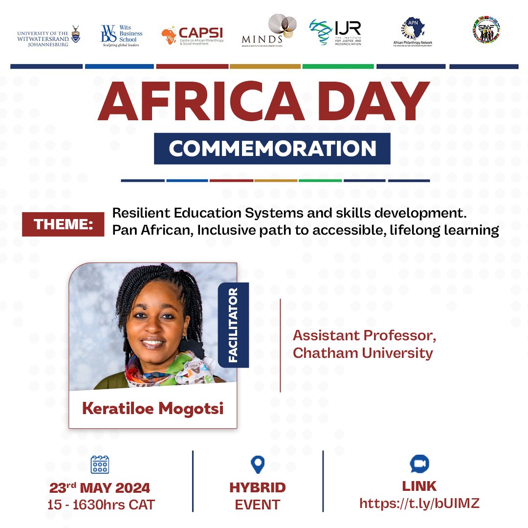💡Africa Day Commemoration 2024 Speaker Spotlight 📣Dr. @BelindaMogotsi 📌Theme: Resilient Education Systems and skills development. Pan African, Inclusive path to accessible, lifelong learning. 🗒23 May 2024 ⏰1500hrs CAT 🔗Registration Link: zoom.us/webinar/regist…