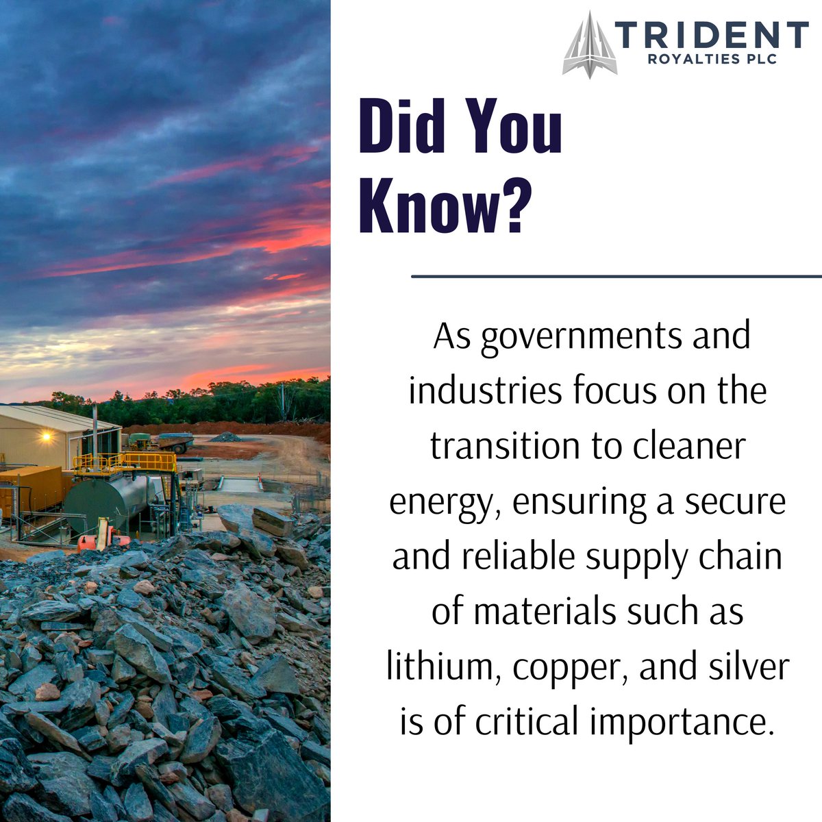 TridentPlc's tweet image. Trident has invested in a diverse range of #EnergyTransition critical materials such as #lithium, #copper and #silver.

#TridentRoyalties #TRR #Mining #Investment #Lithium