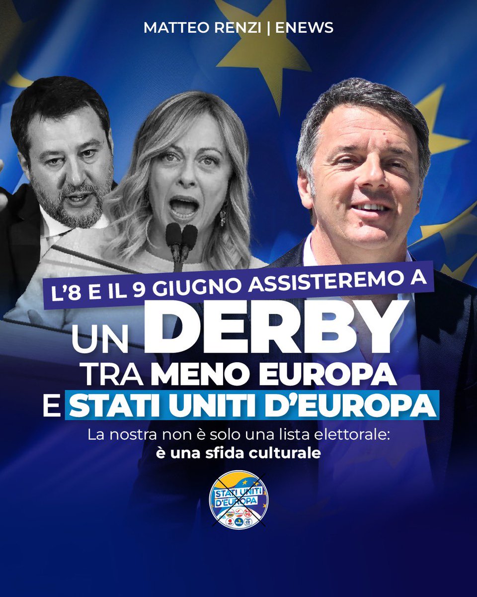 “Il posizionamento di Meloni è culturalmente sbagliato e politicamente fa male all’Italia. L’8 e il 9 giugno assisteremo a un derby tra chi vuole MENO EUROPA e chi vuole gli STATI UNITI D’EUROPA.” Leggi l’Enews di @matteorenzi 👉🏻 matteorenzi.it/enews_966_lune…