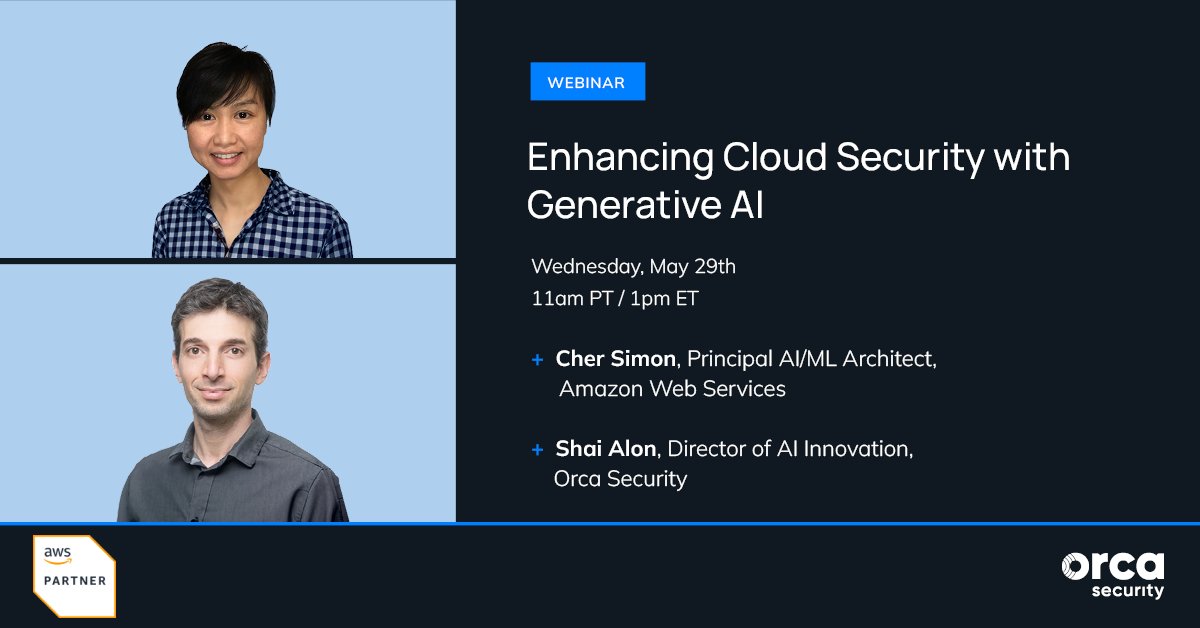 orcasec's tweet photo. Join Orca Security and @awscloud on May 29 to discover how #GenerativeAI is revolutionizing cloud security. Learn about real-world examples, #AmazonBedrock integration, and #AISPM strategies. 

Register for the webinar: https://t.co/K5GWVpZm8T https://t.co/PxRILNRRbL