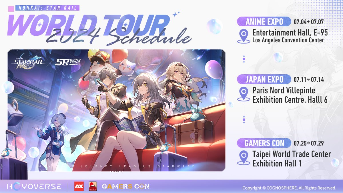 Hi, Trailblazers! It's our pleasure to announce the destination of the next leg of the Honkai: Star Rail World Tour 2024! The Astral Express will be stopping by Anime Expo in Los Angeles, Japan Expo in Paris, and Gamers Con in Taipei! We look forward to meeting you all: