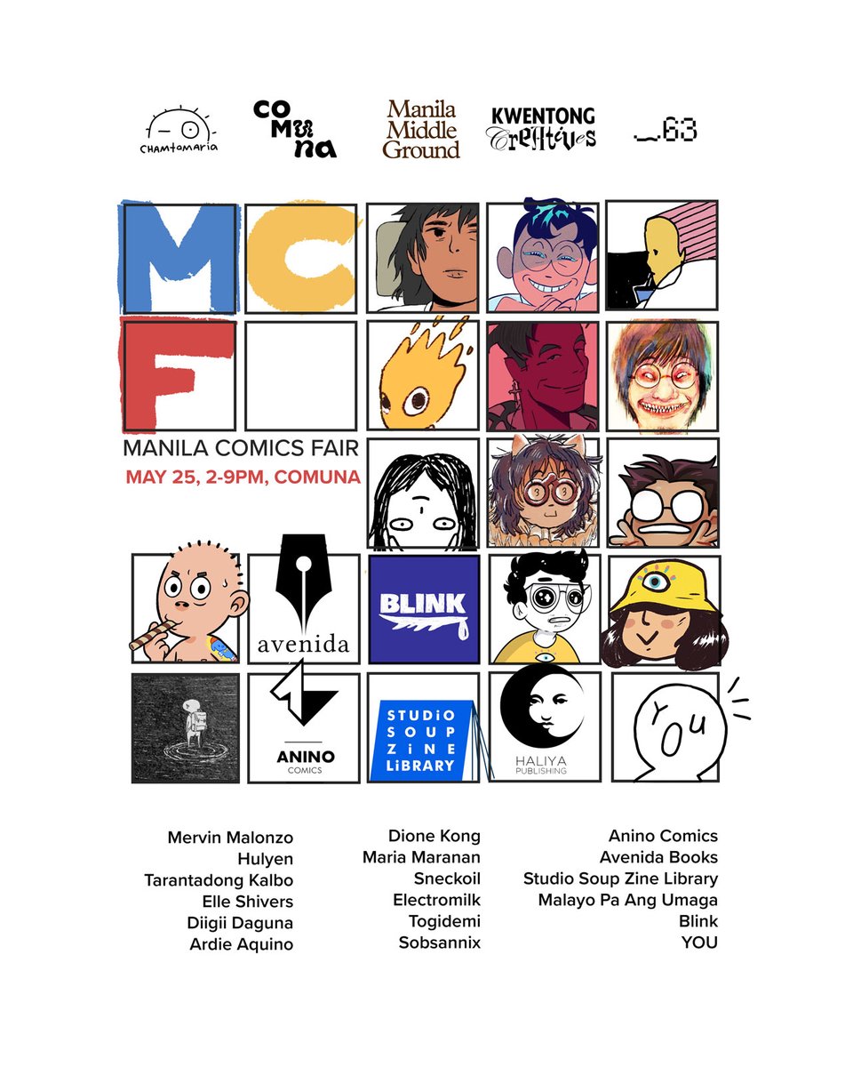 THE MANILA COMICS FAIR FULL LIST OF EXHIBITORS, GUESTS, AND PUBLISHERS

MCF is a small art fair in Metro Manila with workshops, exhibits, and talks for the komiks community

May 25, 2024
2pm to 9pm
Comuna, Makati