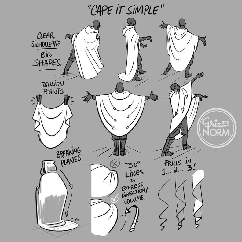 Our feature artist/tutorial for today is this EXCELLENT set of notes on drawing CAPES by the super-generous @GRIZandNORM! This shows that it's all about TENSION, DIRECTION and SHOWING FORM! Beautiful, as usual! #gamedev #animationdev #characterdesign #conceptart #manga #anime