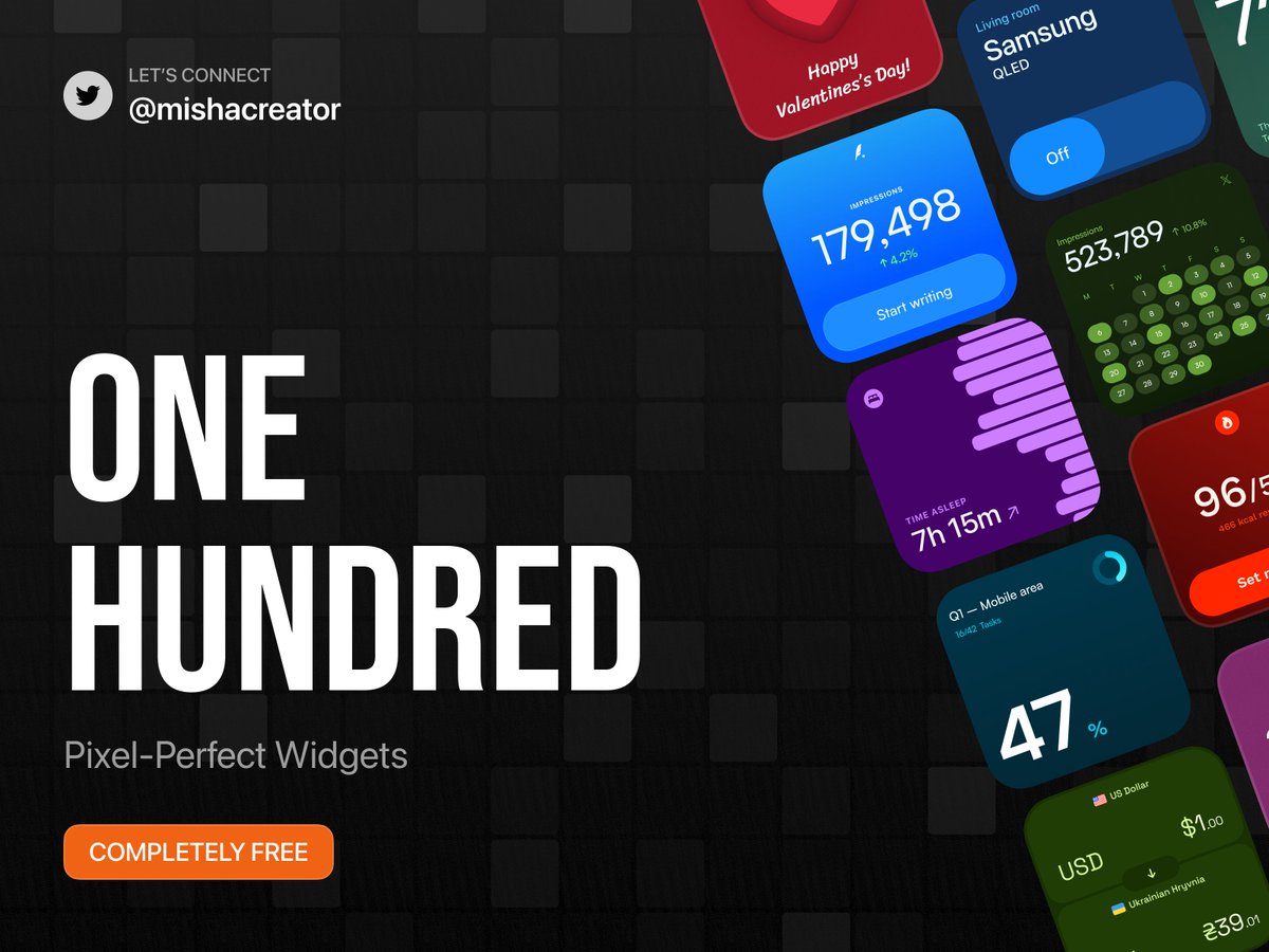 🚀 Dropping 100 Pixel-Perfect Widgets today!

Free for you all!

Wanna grab them? Easy!

⚡️ Like &amp; comment "Widgets" or retweet this post
⚡️ Make sure you follow me so I can DM you