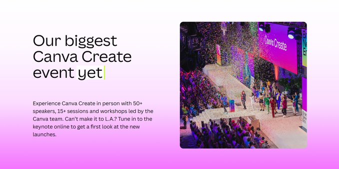 EntrepreneursAI's tweet image. 🎨 Join us at Canva Create 2024 on May 23 in Los Angeles. 

Embrace creativity and collaboration! #CanvaCreate2024 #AI

aientrepreneurs.standout.digital/p/googles-ai-l…